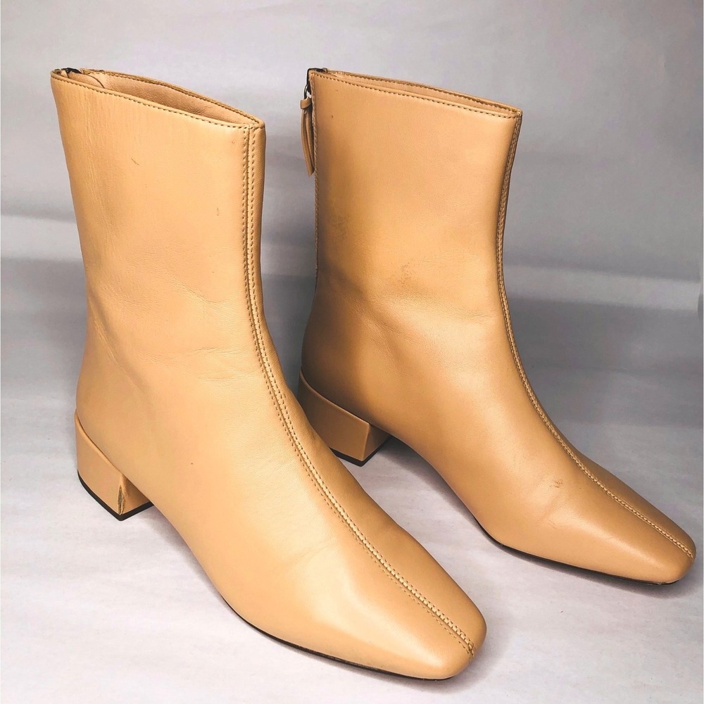 J. Crew Roxie‎ Square Toe Center-Seam Leather Heeled Ankle Boots Camel Zip 6.5